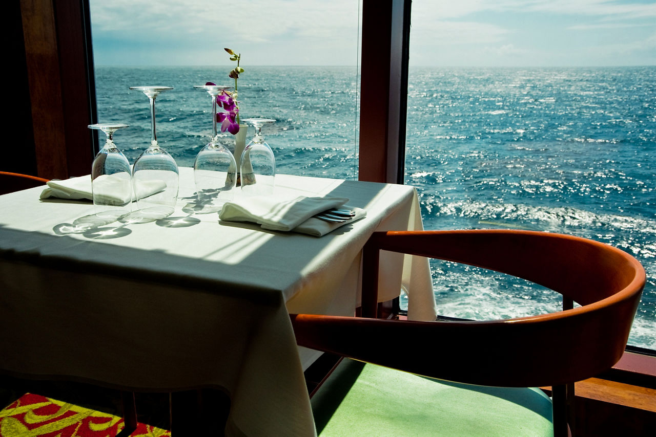Date night for two set on a cruise ship with ocean view outside the window.