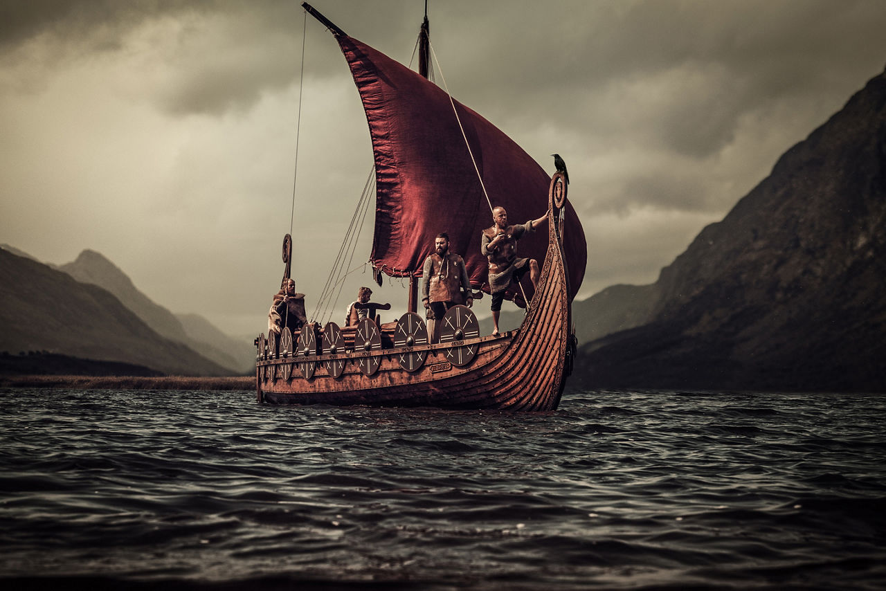 Group of Vikings sailing. Transatlantic
