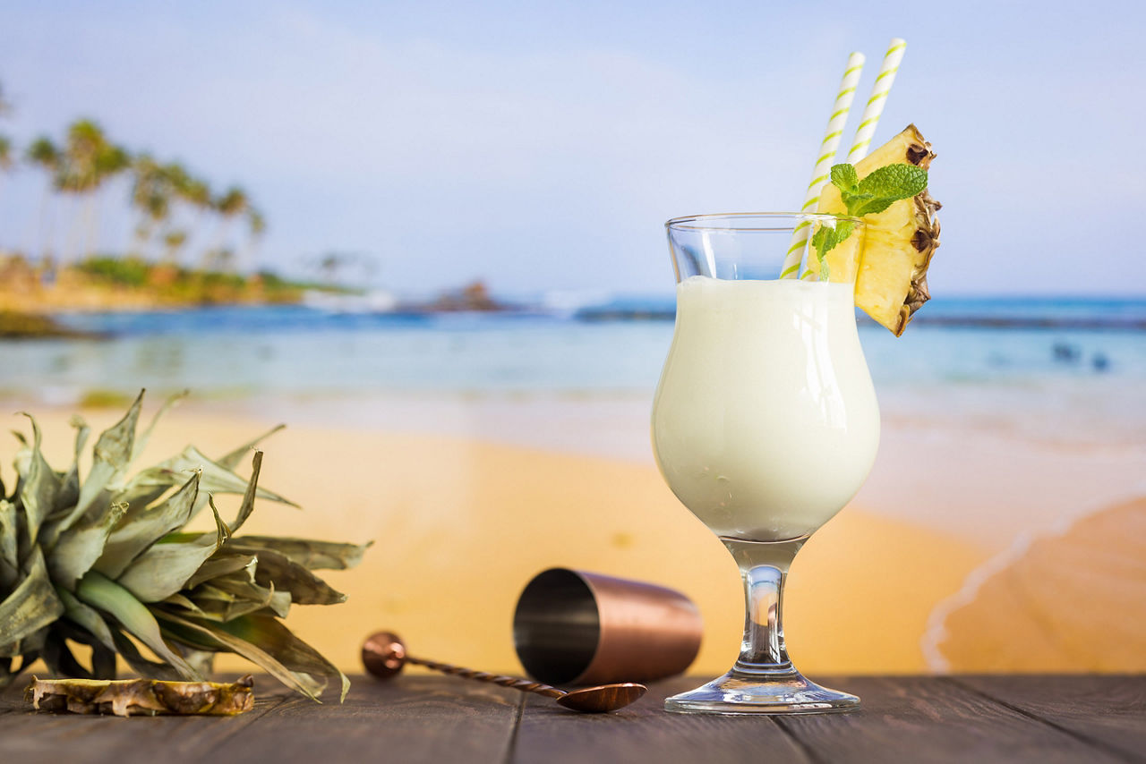 Pina colada cocktail made with Caribbean Island rum. The Caribbean.