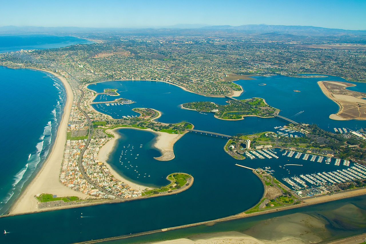  aerial of Mission Bay and Pacific Beach in San Diego. California.