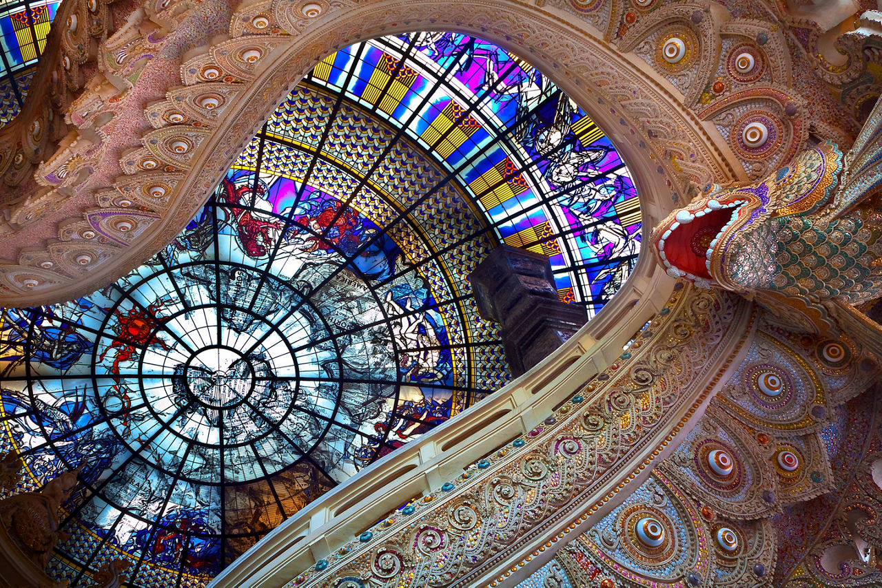 Stained glass ceiling at Erawan Museum in Thailand. Asia.