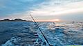 Sunrise view of fishing rod on charter fishing boat