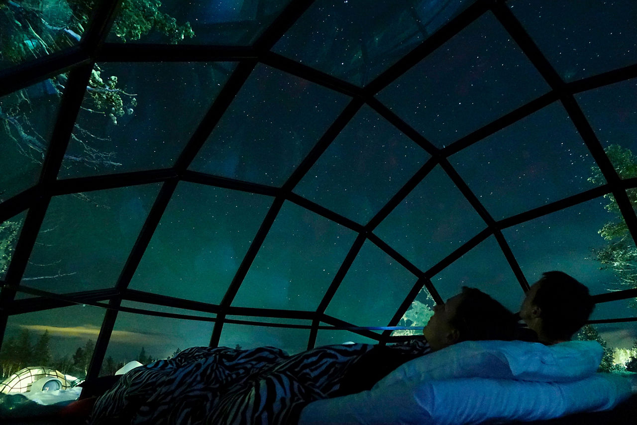 Tourist couple observing the night sky from a cool glass house in the Scandinavian wilderness.