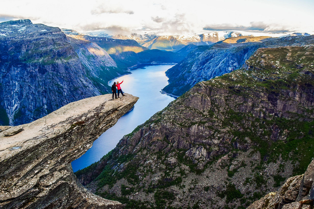 tourists on looking out at the fjords. Norway.