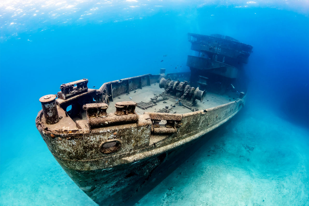 Large artificial reef made from the underwater shipwreck of the USS Kittiwake. The Caribbean.