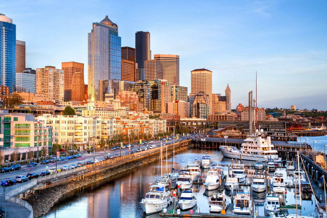 Cityscape Dock Skyscrapers, Seattle, Washington 