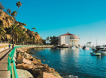 Vista costera de Avalon en la isla Catalina, California, destino emblemático de las rutas por la costa del Pacífico. Descubre cruceros desde California.