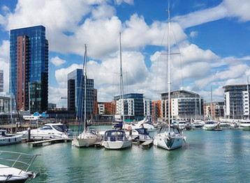 Yachts docked at the Ocean Village Marina in Southampton, England