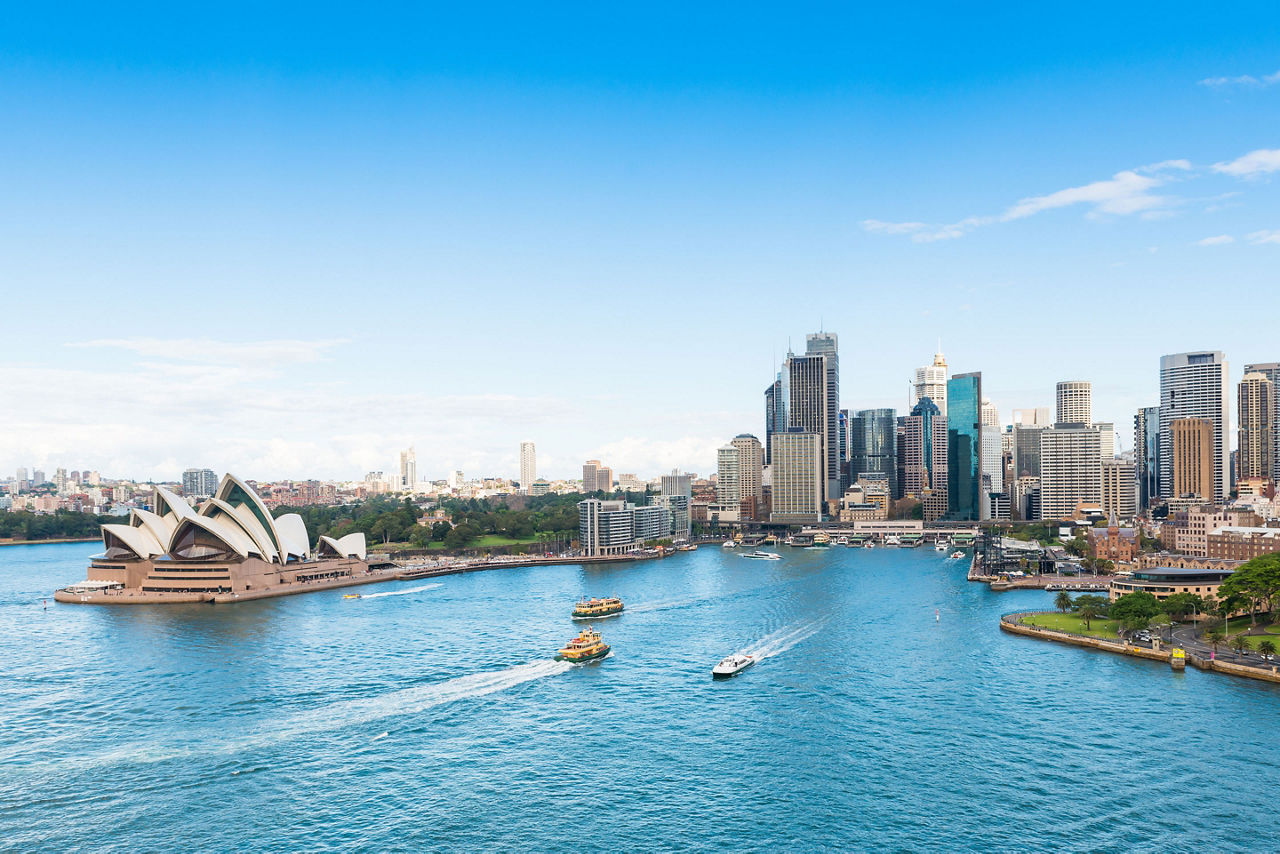 View of the Sydney Opera House, Circular Quay with the Skyline in the distance in Australia