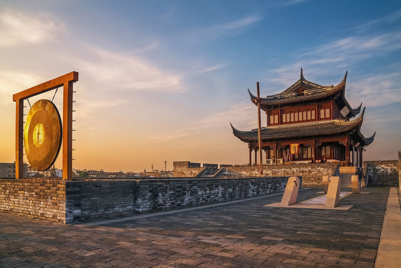Traditional Chinese Temple with Bronze Gong