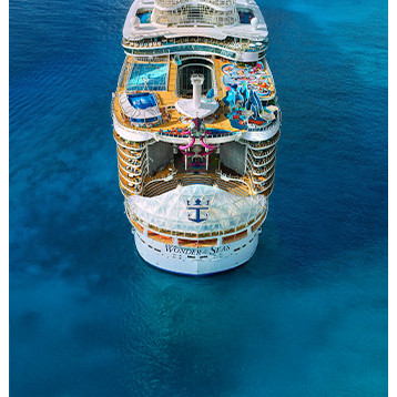 Vista aerea di Wonder of the Seas in navigazione in acque azzurre