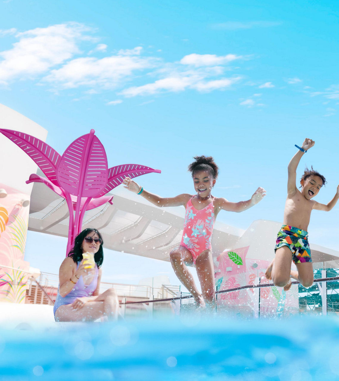 Mom having drinks, Kids jumping in the pool