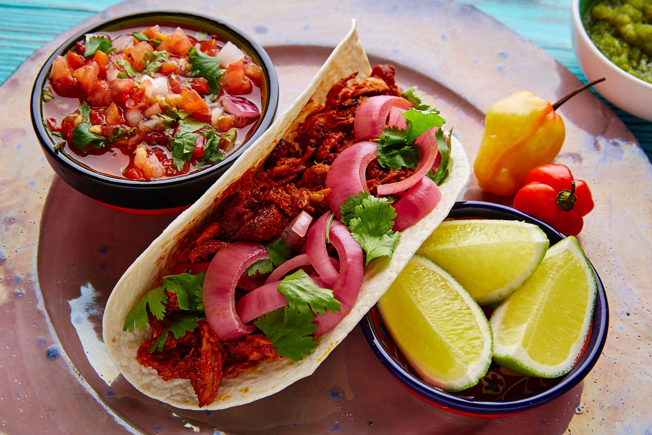 Mexican Conchinita Pibil Taco with Lime and Pico de Gallo