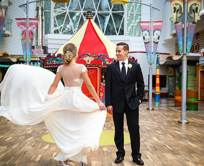 Couple dancing during a wedding cruise.