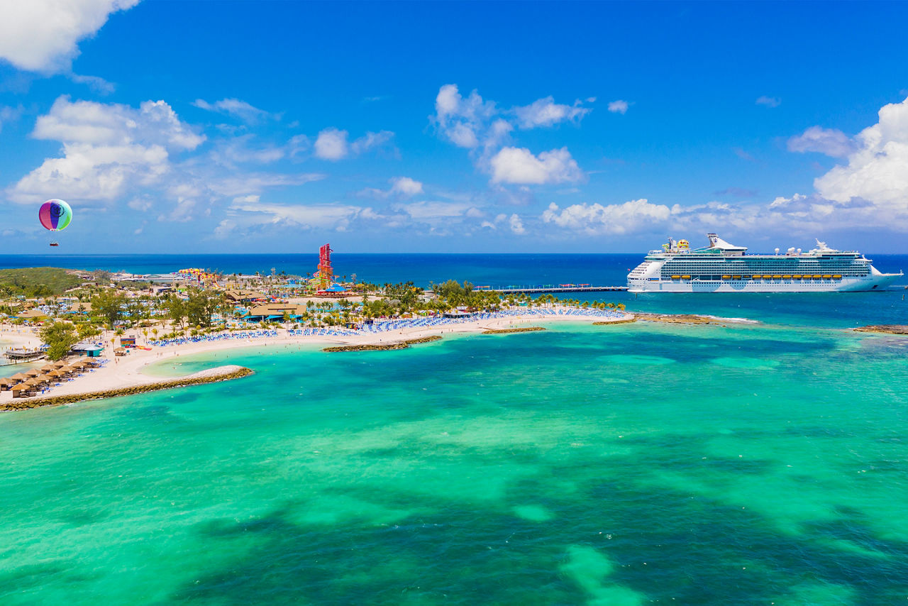 perfect day coco cay island aerial blue ocean