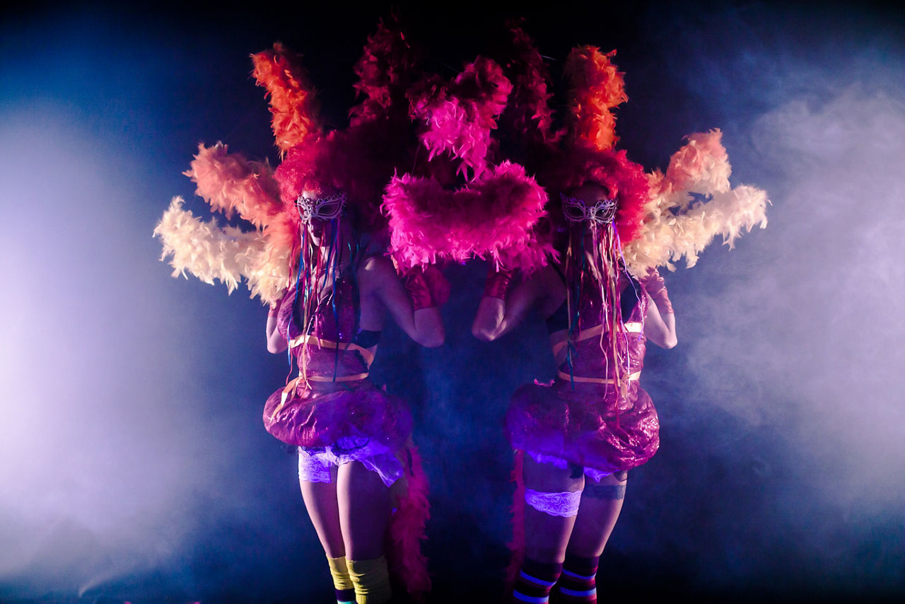 Three Cruise Production Show, Cabaret Dancers, Feathers, Smoke