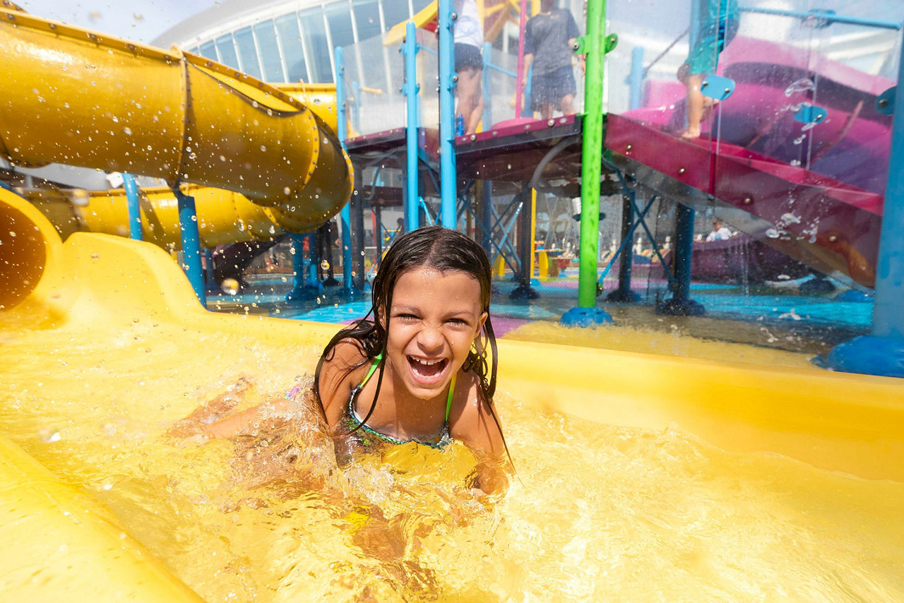 Harmony of the Seas Splashaway Bay Girl Sliding and Landing on Water