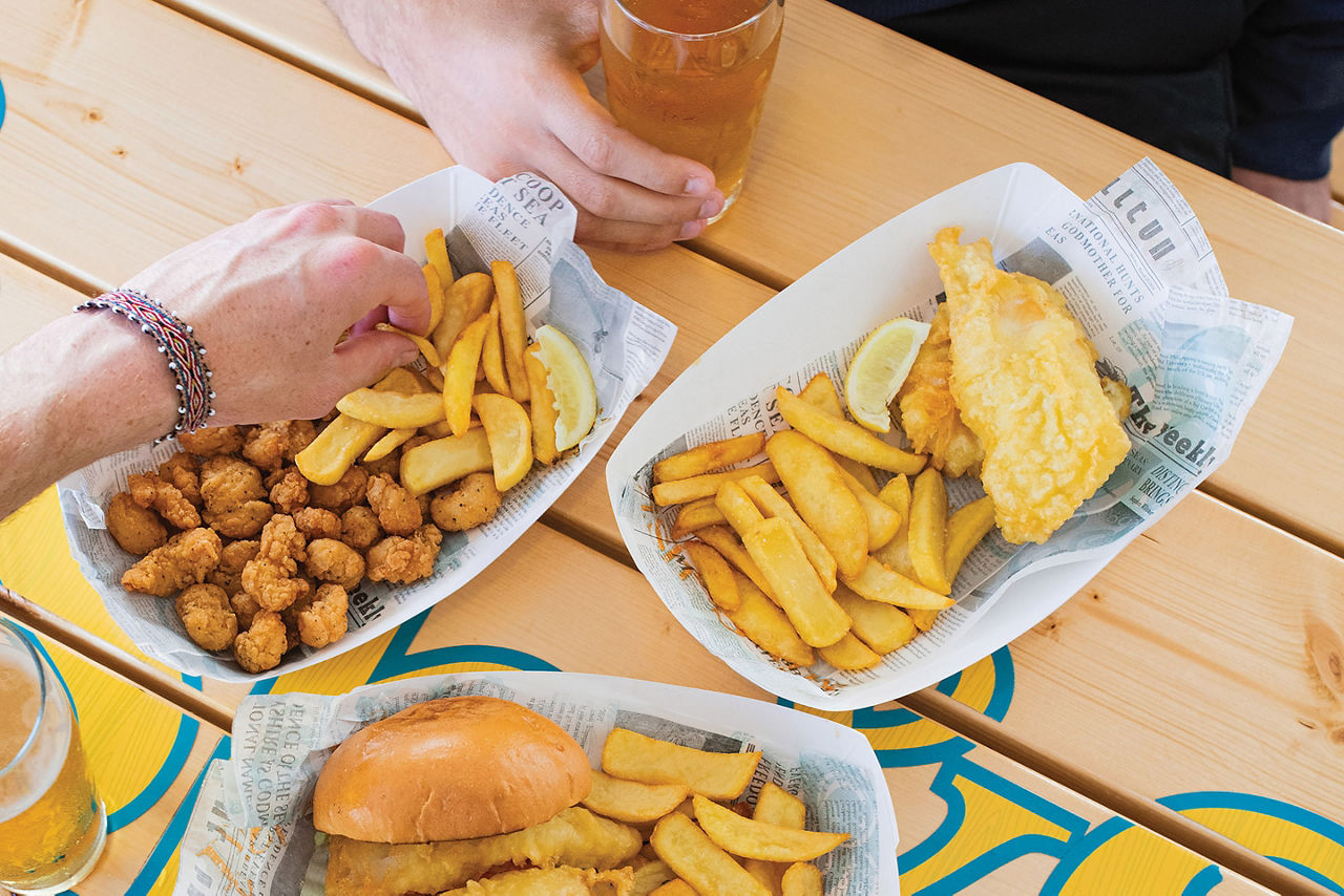 Ovation of the Seas Fish and Ships Fish Sandwich with Beer