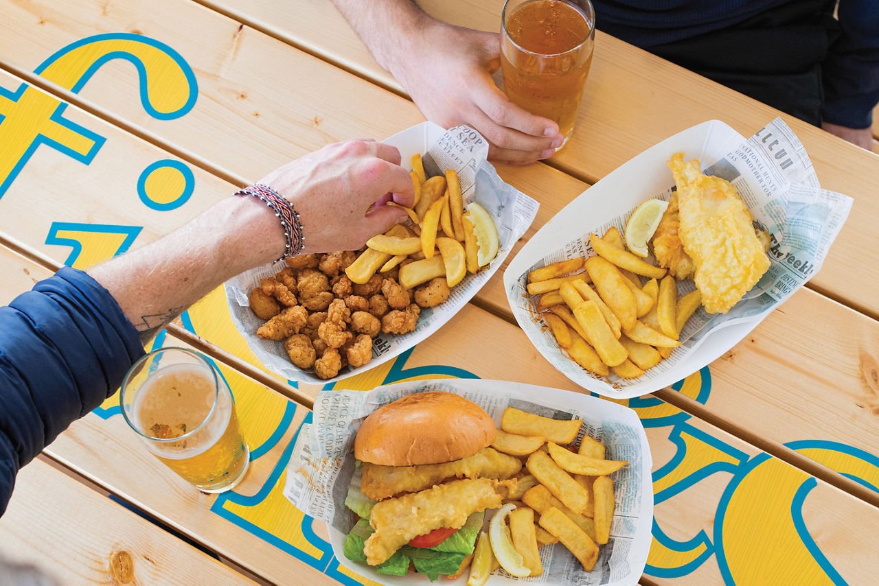 Ovation of the Seas Fish and Ships Fish Sandwich with Beer