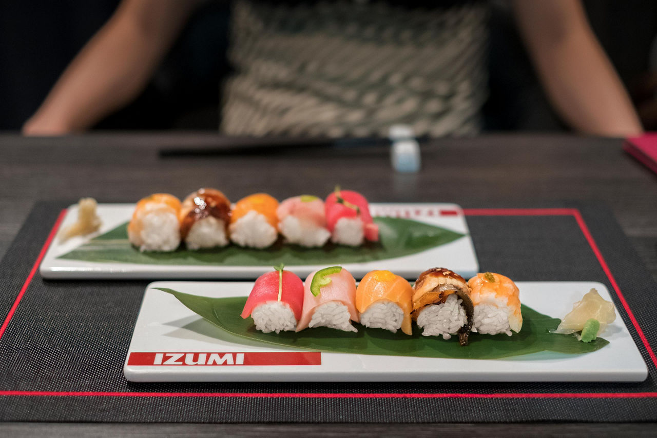 Two plates with sushi at Izumi on a Royal Caribbean cruise ship