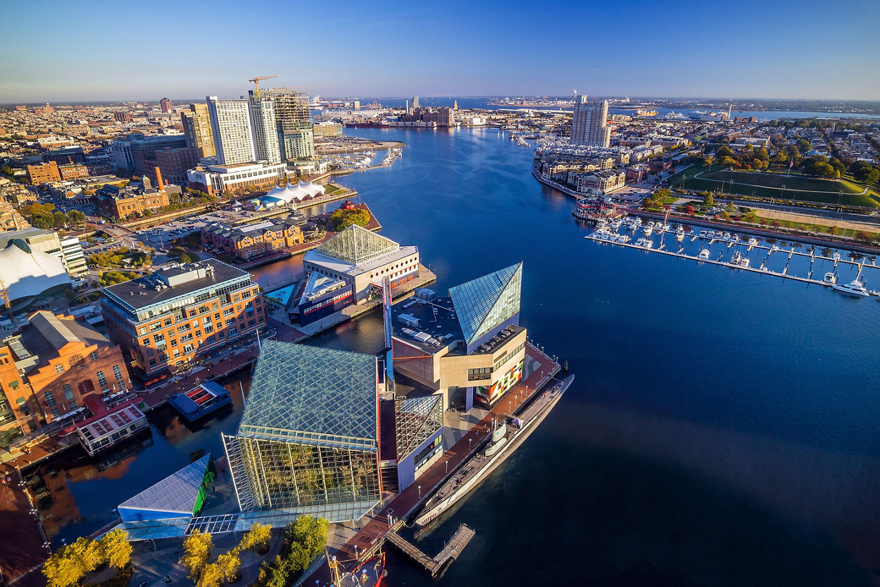 Aerial View Downtown Inner Harbor, Baltimore, Maryland