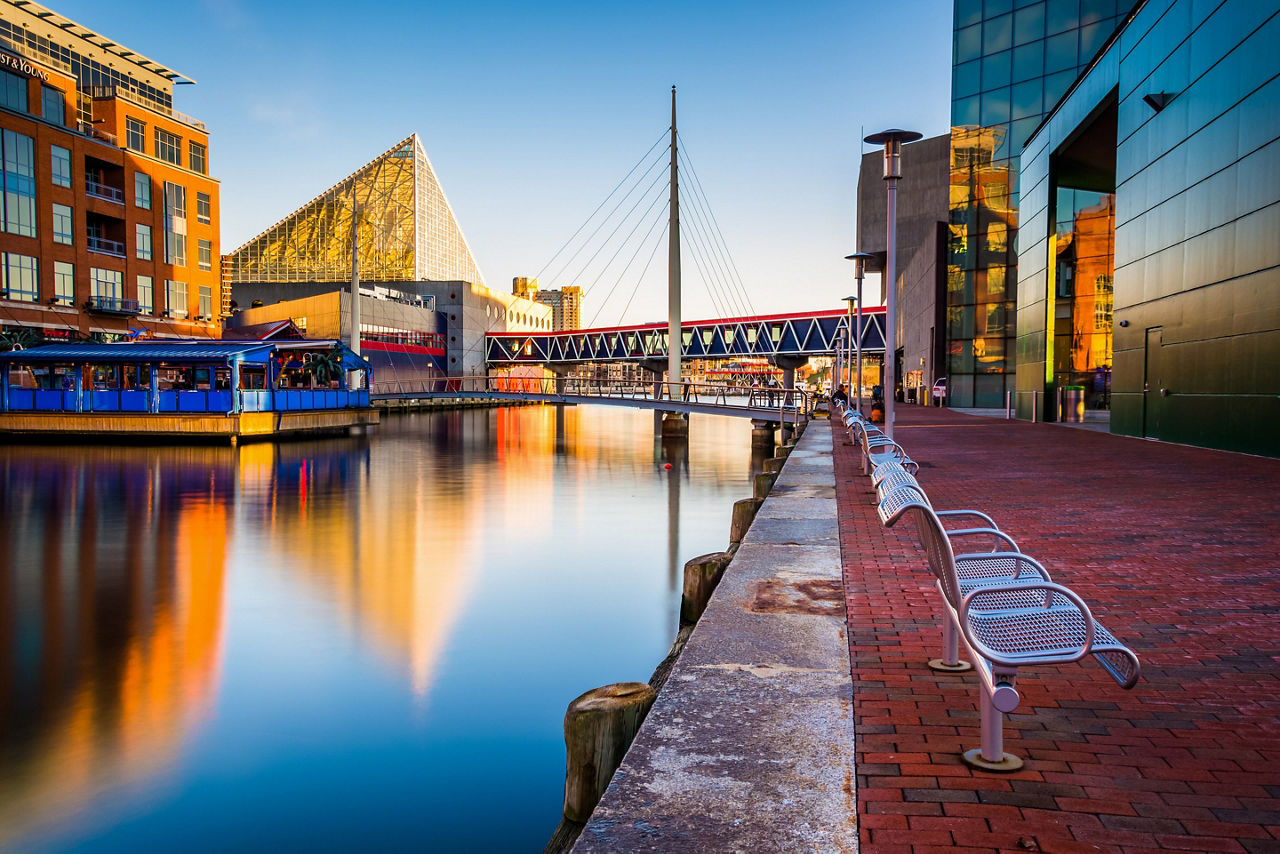 Waterfront Promenade National Aquarium Sunset, Baltimore, Maryland