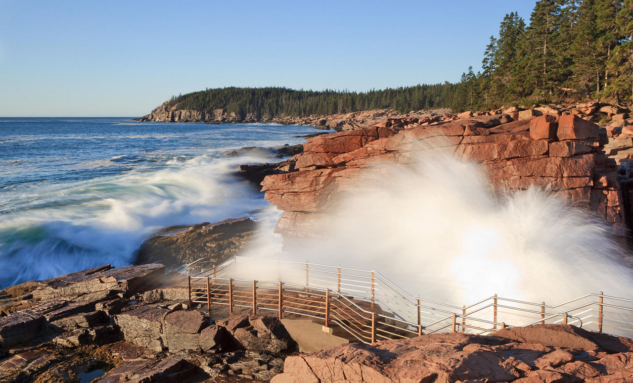 Waves crashing on the coast in Bar Harbor, Maine