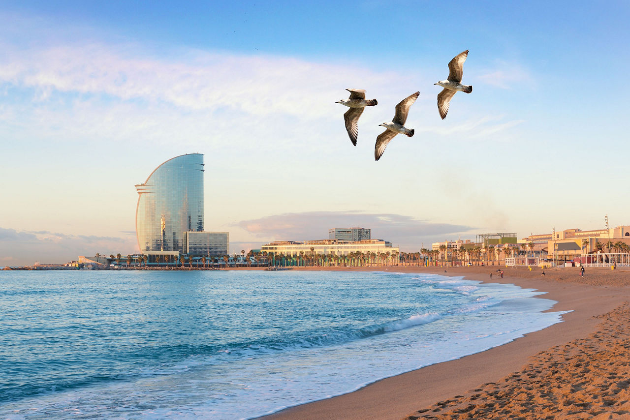 Spain Barcelona Barceloneta Beach City View 