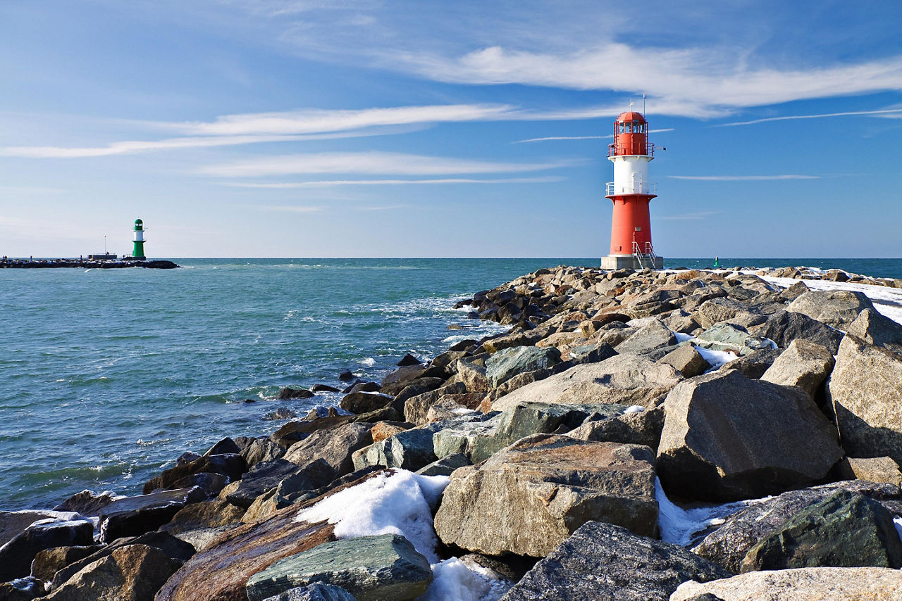 Berlin (Warnemunde), Germany Two Lighthouses At Harbor Entrance