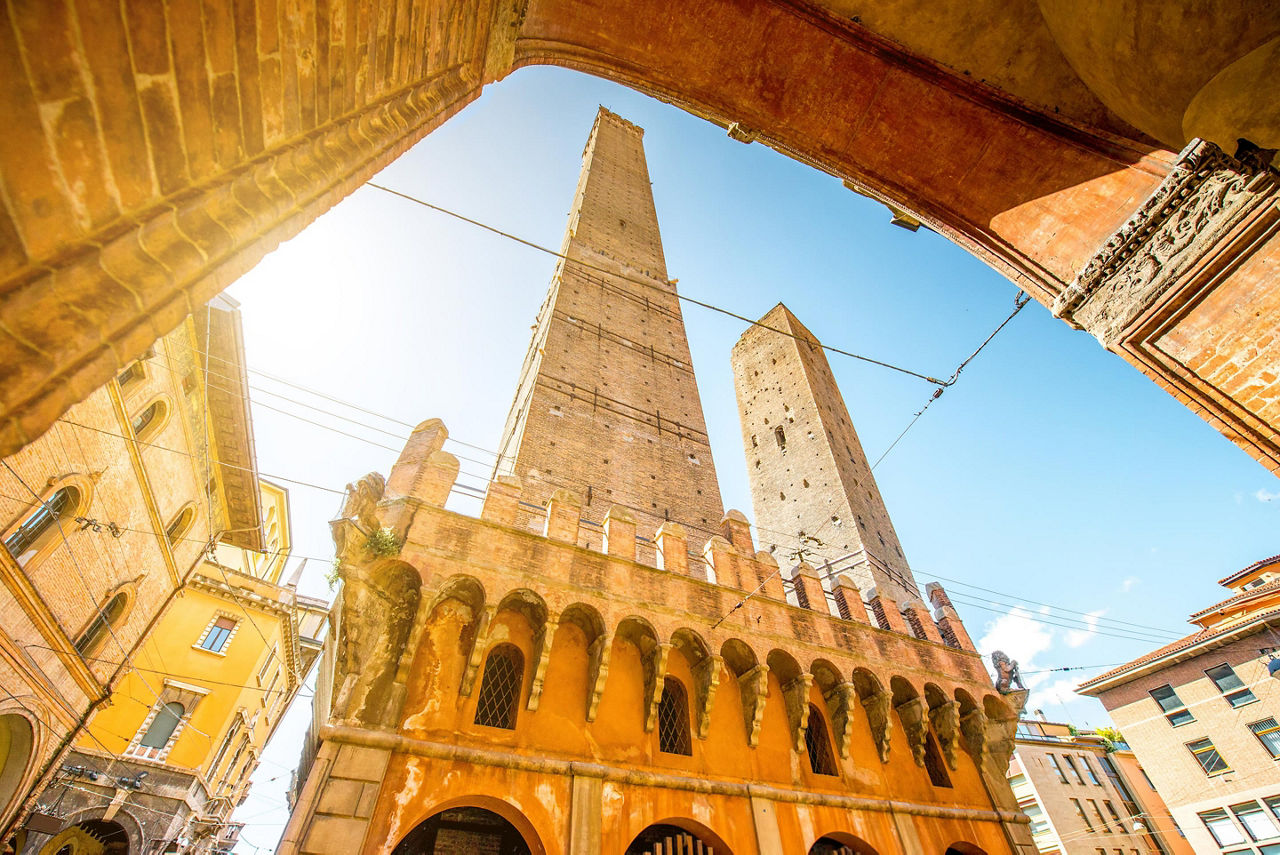 Le Due Torri, two famous leaning towers Garisenda and Asinelli in Bologna, Italy