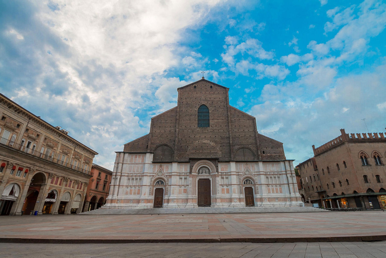 View of San Petronio Basilica in Bologna, Italy, the largest church built of bricks