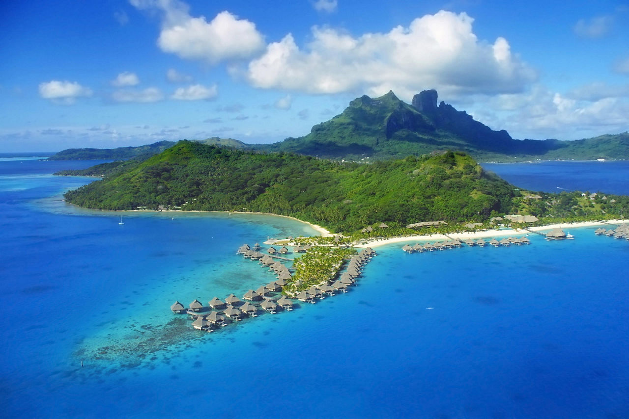 Bora Bora, French Polynesia, Aerial view of overwater bungalows