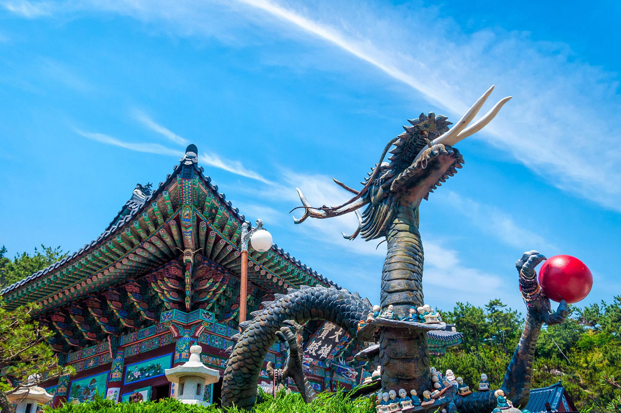 A statue of a dragon at Haedong Yonggungsa Temple in Busan, South Korea