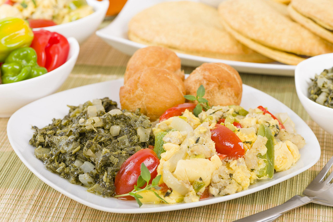 Cod with Sides of Callaloo and Johnny Cakes, Charlotte Amalie, St. Thomas