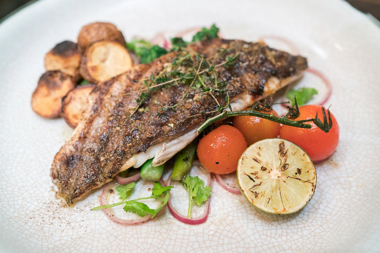 A grilled barramundi steak on a white plate