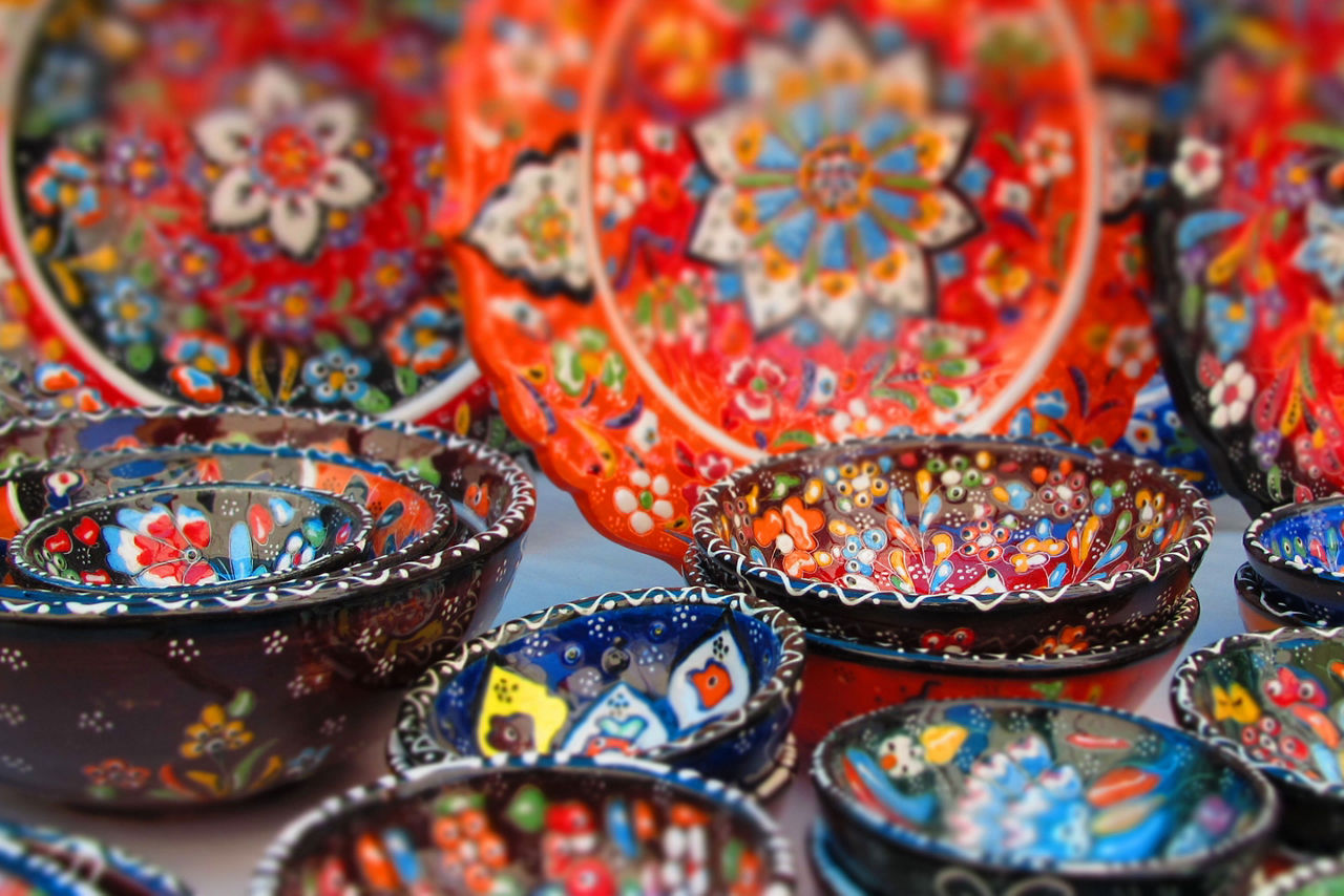 An assortment of colorful pottery in Turkey