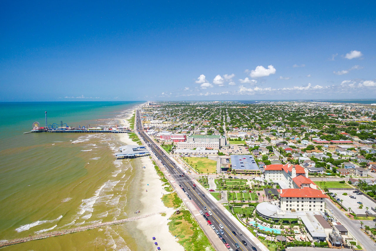 Galveston Island along the seawall from the air