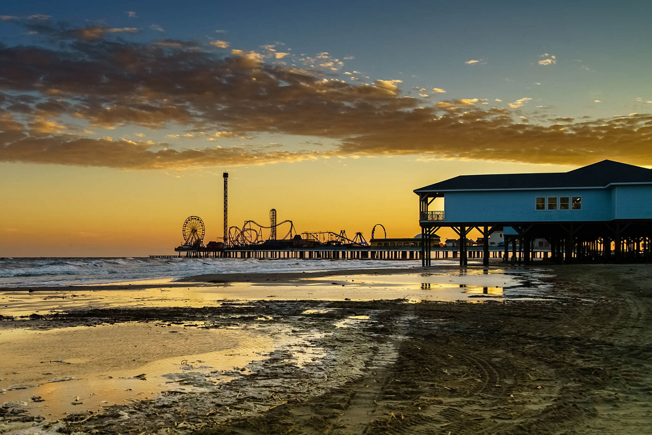 Sunset camping at Paradise Pier in Galveston.