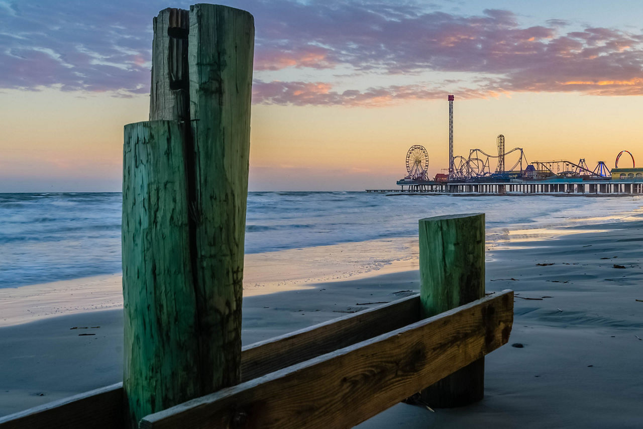 View of Pleasure Pier in Galveston Beach. Galveston