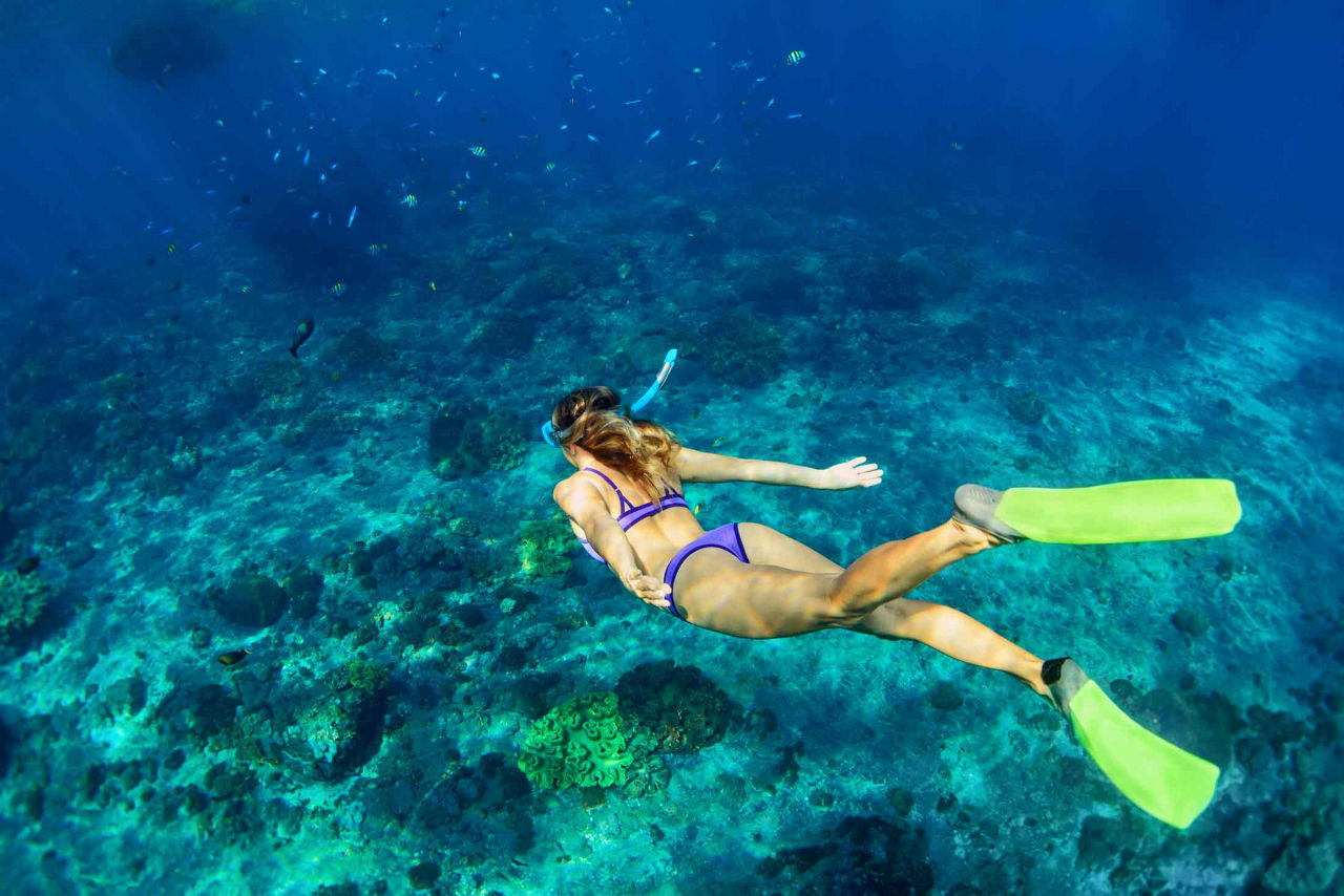 Bahamas Girl Snorkeling Underwater, Grand Bahama Island