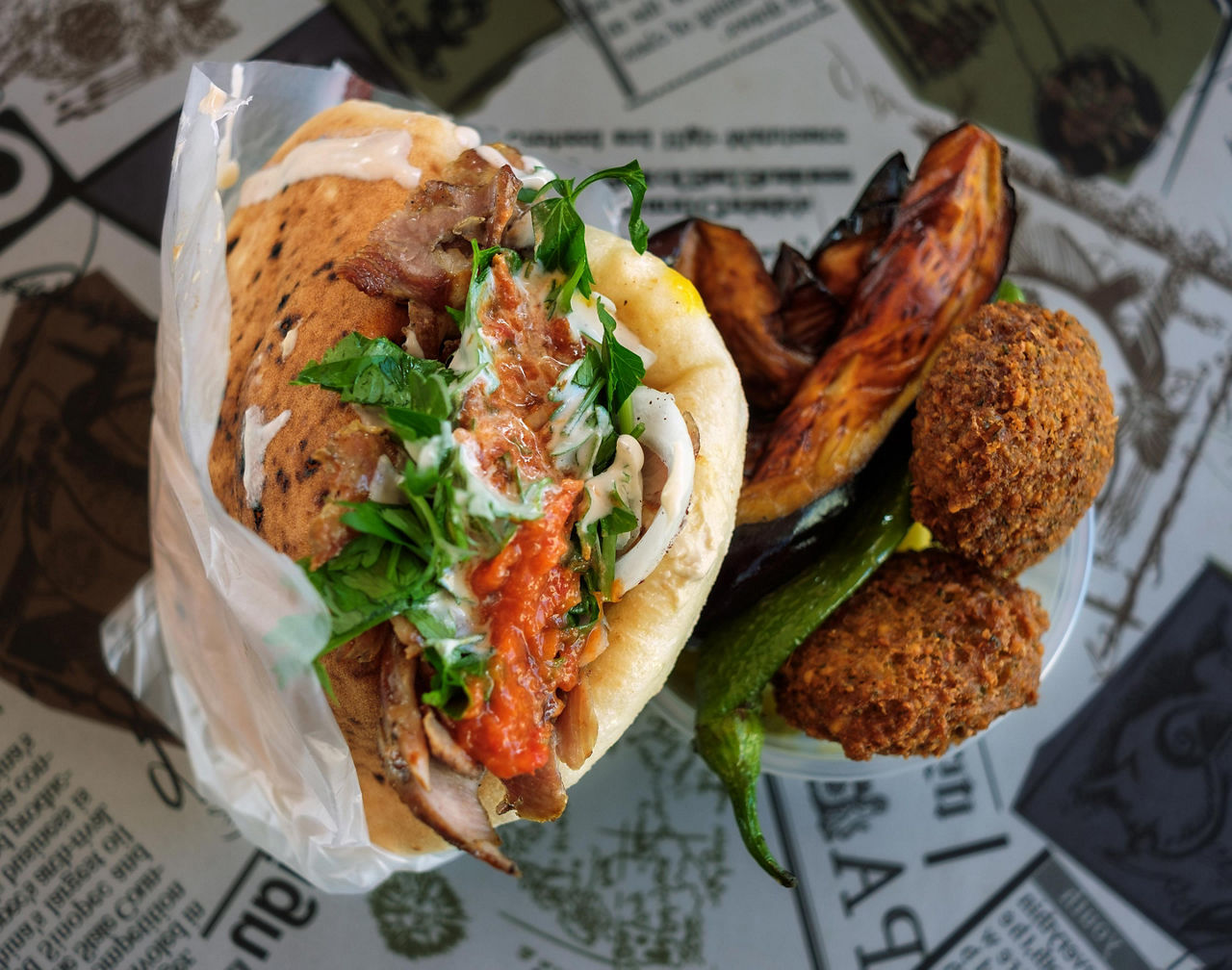 Traditional Israeli shawarma and falafel with fried eggplant