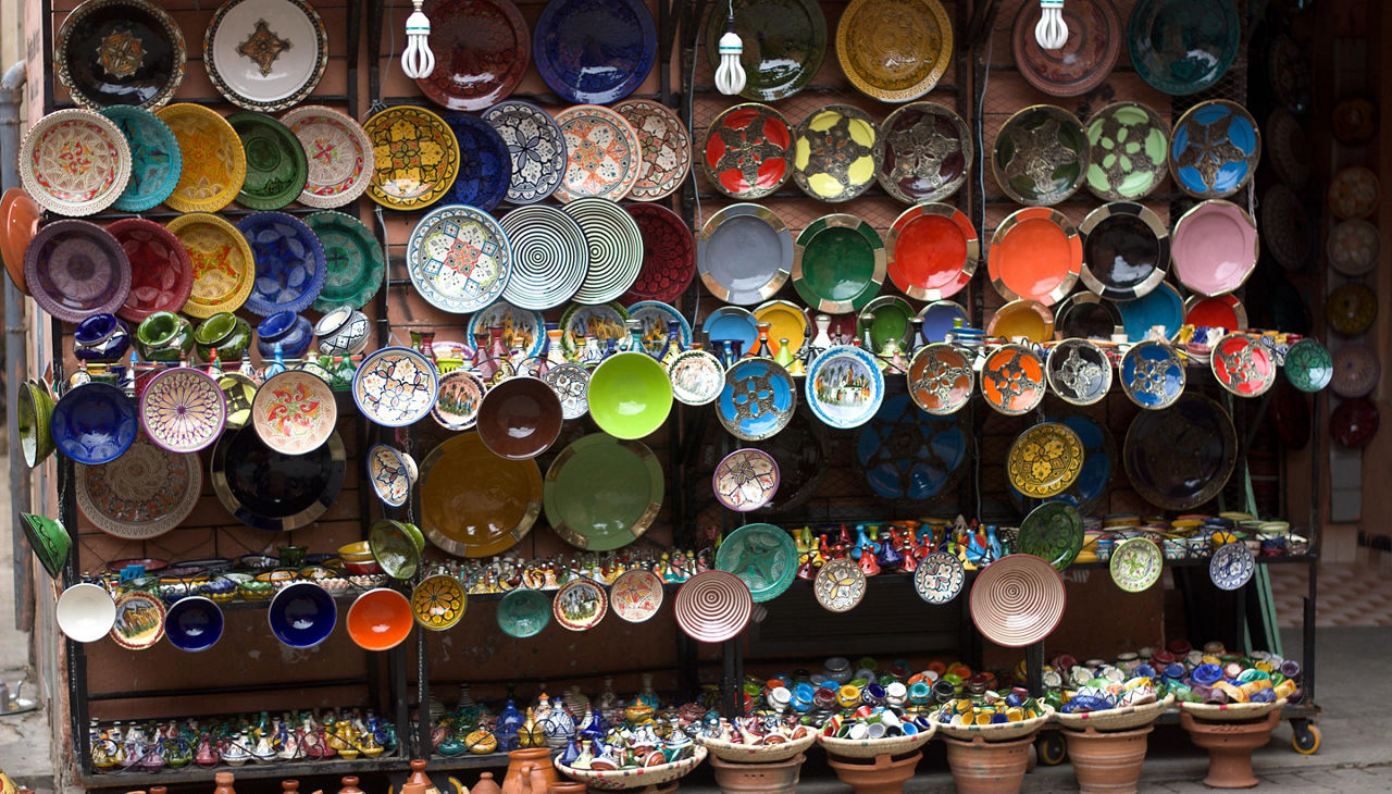 Ceramic plates and other souvenirs in the flea markets in Haifa, Israel 