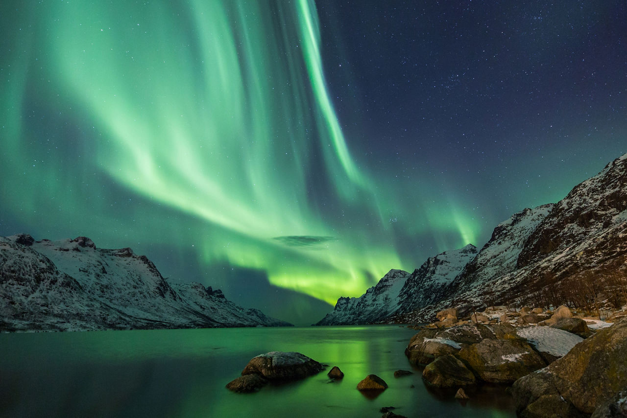 Northern Lights Over Arctic Terrain in Norway, Honningsvag, Norway