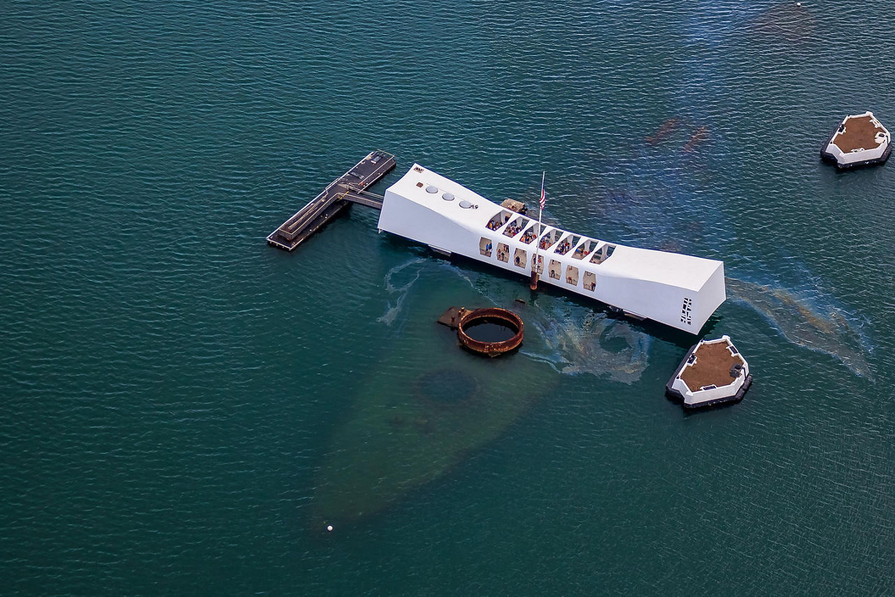 An aerial view of the USS Arizona memorial at Pearl Harbor