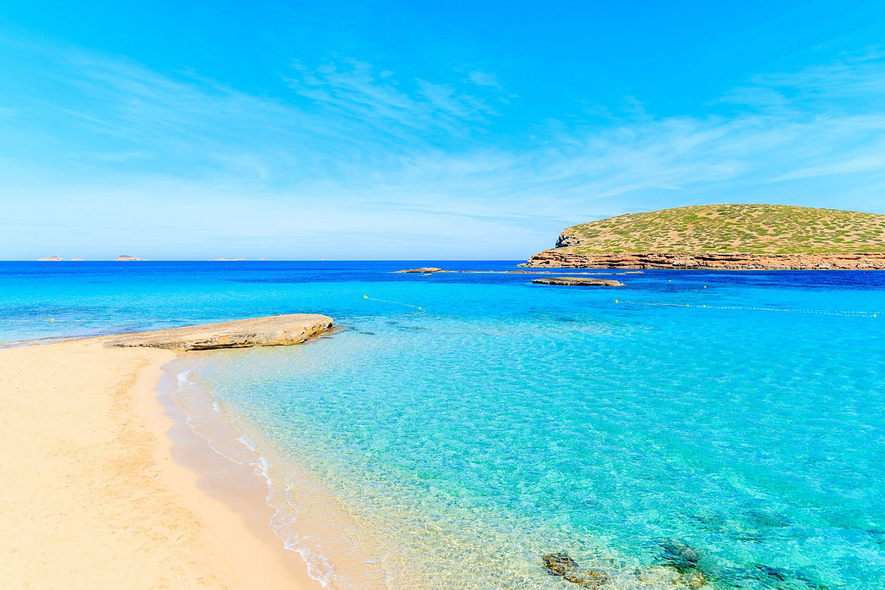 Cala Comte beach in Ibiza, Spain