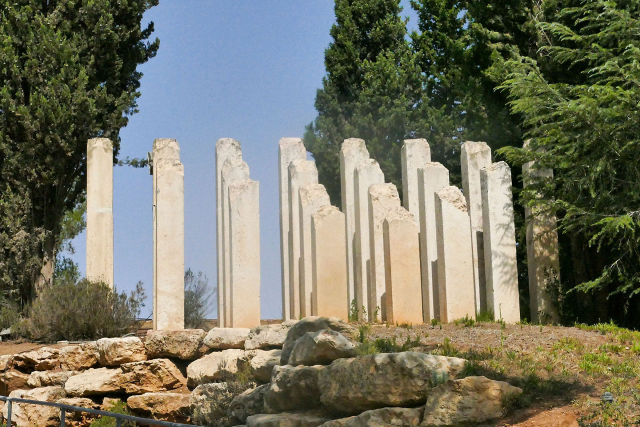 The Holocaust Sculpture with broken columns coming out of the ground in Jerusalem, Israel