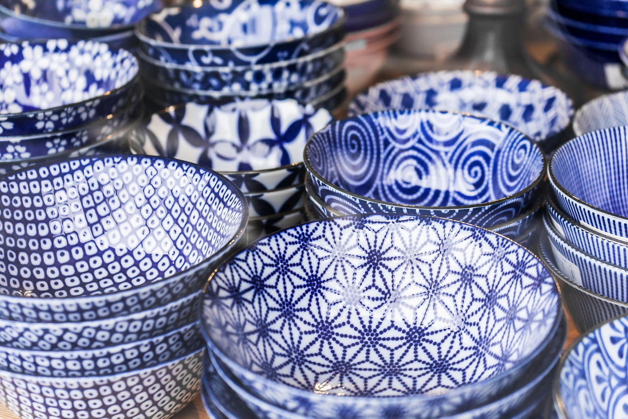 Japanese porcelain blue pottery sold in Kagoshima, Japan