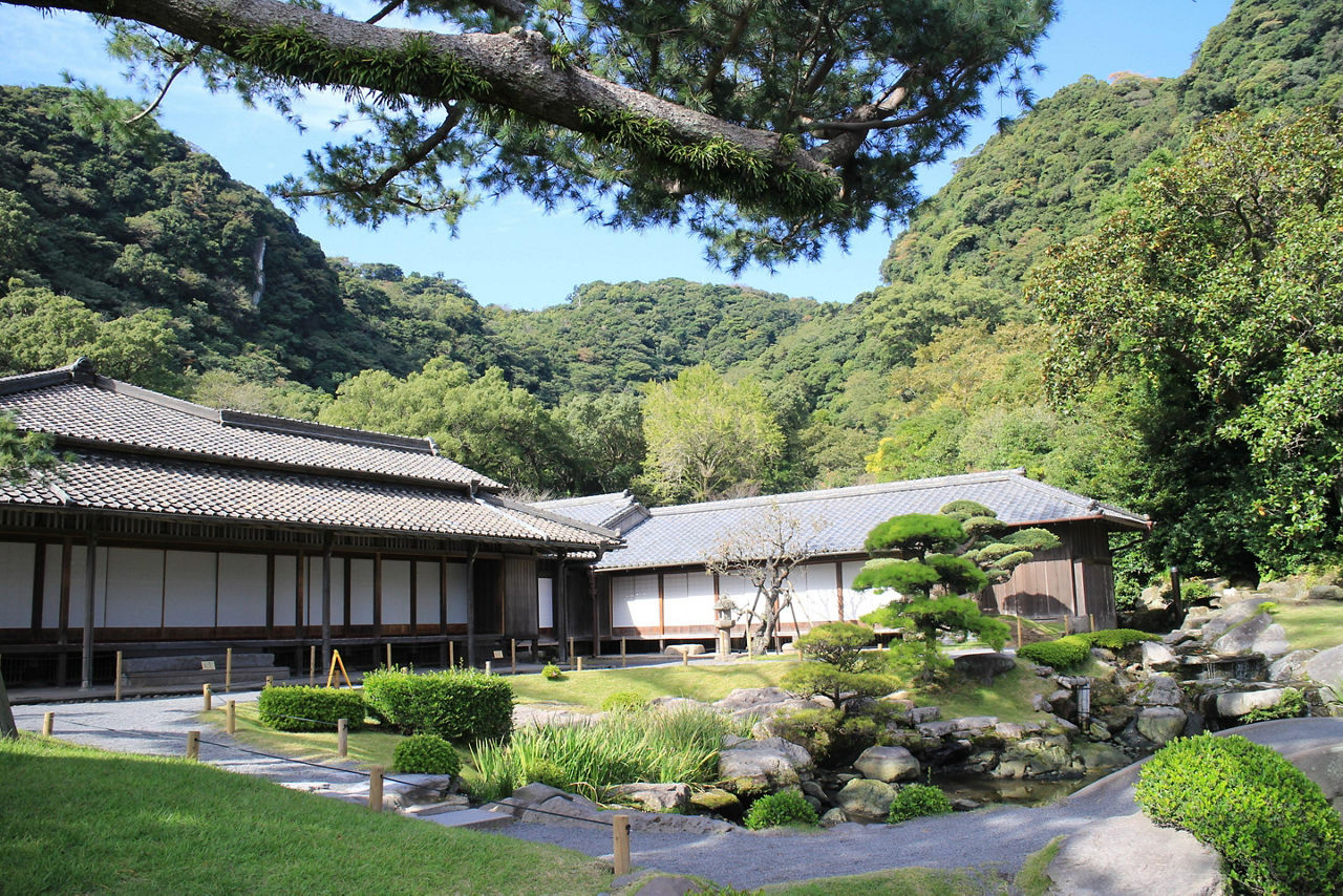 Beautiful landscape with flowers and trees in Sengan-en, Kagoshima, Japan.