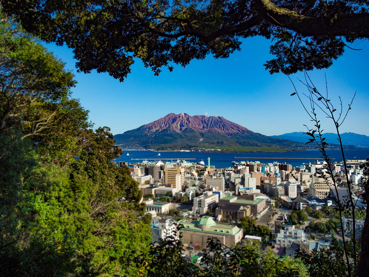 Shiroyama historic lookout overlooking the volcano in Kagoshima, Japan