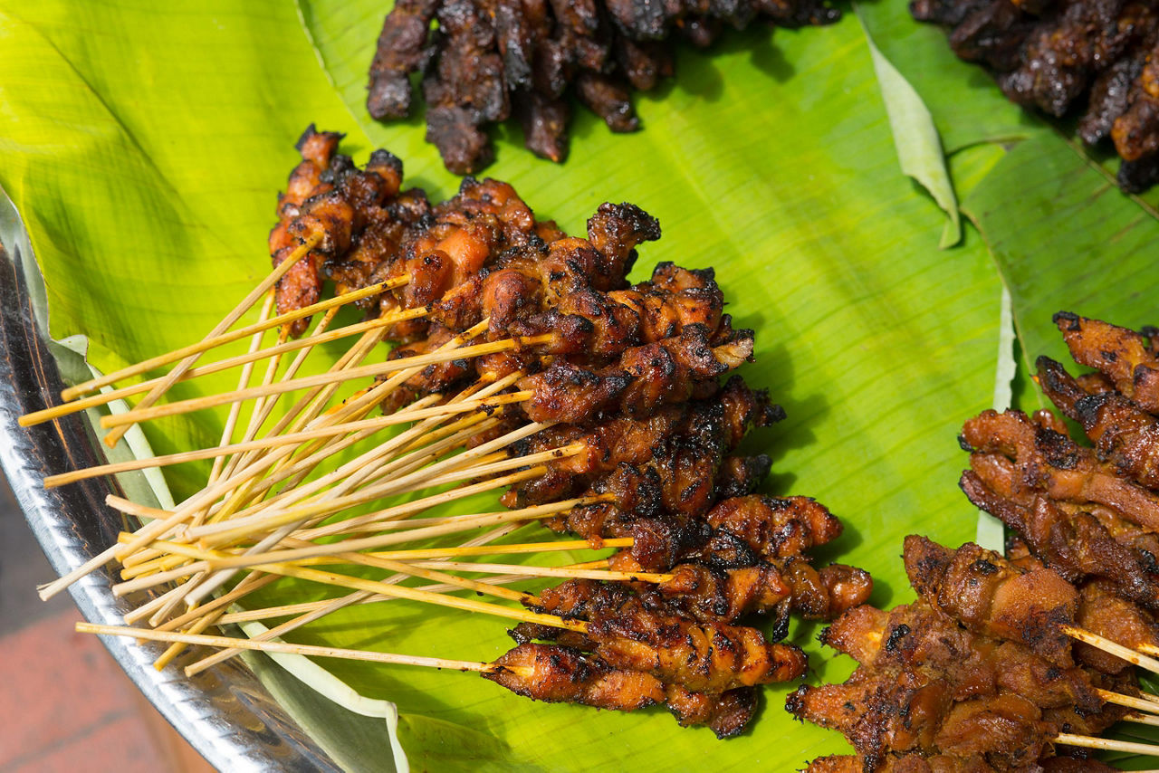 Satay on a stick found as street food in Kuala Lumpur, Malaysia